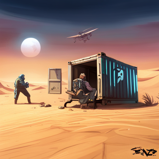 Test sees a dusty old crate with a worn Senzo Technologies logo on the side. It appears to be locked, but could contain valuable technology or treasure. Nearby, a crusty buzzard smells like rat guts. The Mechanic hands Zeb the keys to a dune buggy as they prepare to leave the outpost made of rotting shipping containers on the edge of a barren desert wasteland.