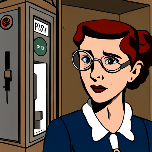 Edith's eyes are drawn to the classic rotary dial payphone in the phone booth. The glass door is folded open, revealing a quarter in the coin return. A cult of the dead cow sticker is stuck on the outside of the glass, adding a touch of rebellion. But what catches Edith's attention the most is the mysterious dataport, an unexpected feature on such an old phone.