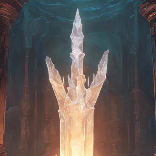 Thraeryn cautiously approaches the glowing crystal on the pedestal in the dimly lit chamber. The crystal emits a gentle light, casting a soothing glow. Its intricate carvings depict a mysterious ritual. A powerful magical aura surrounds the crystal, pulsing with untapped potential.