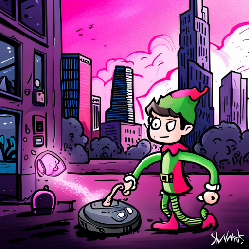 In the photo, Basic Elf drops dust particles in front of the Robot Vacuum, which is furiously cleaning them up. Basic Elf bids the Vacuum goodbye. Mr Whiskers searches his pockets and finds his iPod. He looks at a fluorescent pink minidisc with "secrets.txt" written on it in sharpie. The background shows skyscrapers with corporate logos and a holographic billboard displaying ads. FRED-209, a cylindrical security bot with 4 rubber wheels, is present.