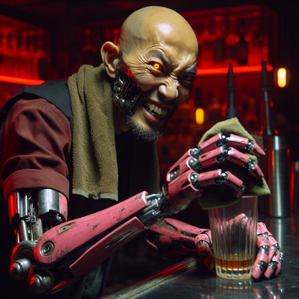 1. A shaven-headed bartender with squinty brown eyes and a wrinkled face polishes a glass with a grimy cloth. His robotic arm, encased in grubby pink plastic, rests beside him. His mouth curls into a grimace, revealing a mix of decayed teeth and steel prosthetics. The dim red light of the bar casts shadows over the sparse furnishings.