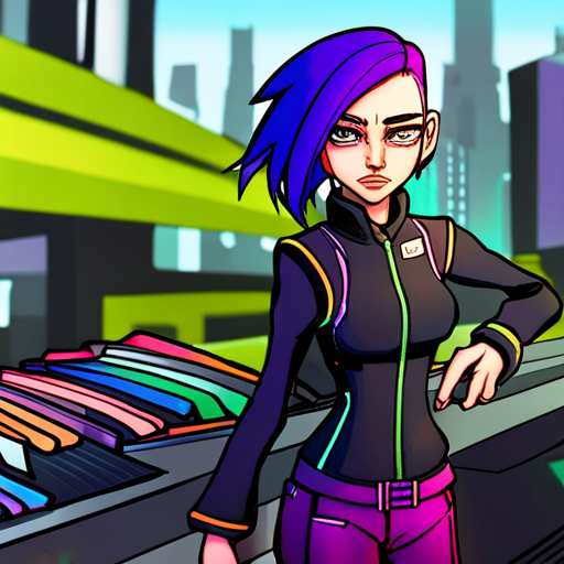 Starla, a cyberpunk woman with shoulder-length purple hair, tends to her wares on the upper deck of The Bridge. Her neoprene jacket, adorned with neon colored piping, stands out against the backdrop of makeshift shelters and shops. Her eyes briefly meet wrewdison's before returning to her work, hinting at a guarded nature.