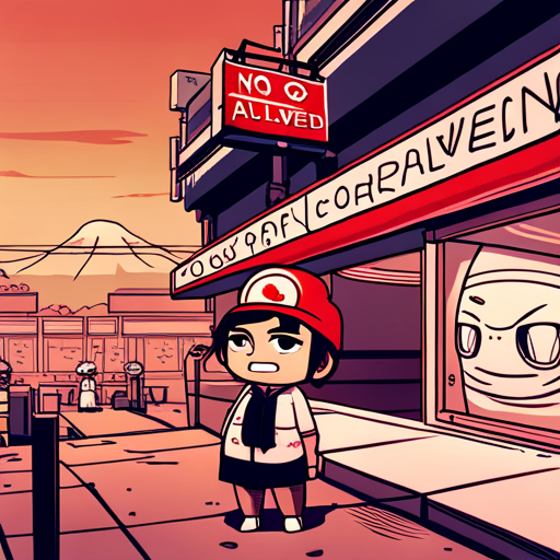 Zeb sees a wooden sign with bold black lettering that reads "No Corporates Allowed" at Ramen Heaven, a small authentic restaurant with a red and white mural of the sunrise on the wall. Kappa, the ramen cook, is present. 
