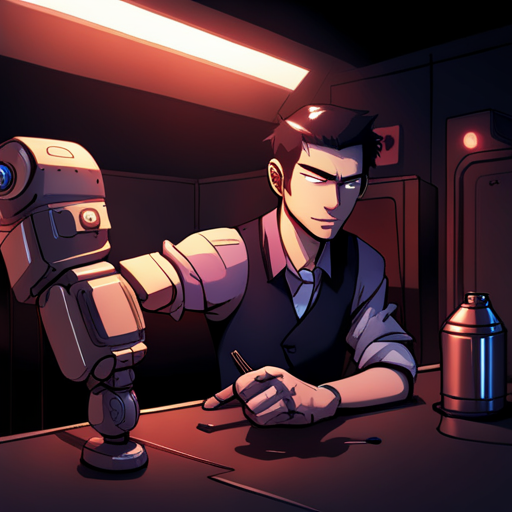 Ratz, a gruff, shaven-headed bartender with a robotic arm, greets Zeb with a nod in the dimly lit Chatsubo bar. He wears a Russian military prosthetic arm that jerks monotonously as he works. 
