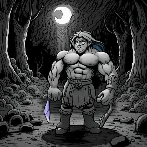 The hulking Barbarian scans the darkness, his fur loin cloth and tall boots contrasting against the enchanted forest. He asks "What? Where slithers?" 
