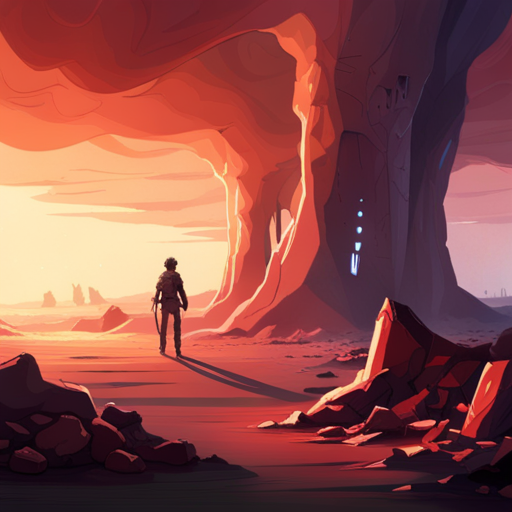 A red absence glances around the dusty cave system, noticing a pile of old clothes and small animal bones on the ground. A flicker of light can be seen in the distance. 
