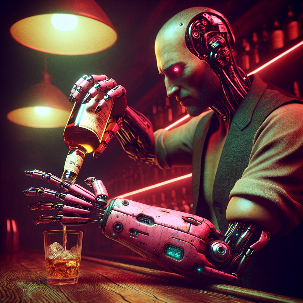 A robotic arm, pink and worn, grips a bourbon bottle, pouring into a glass. The shaven-headed bartender, with squinty eyes and a web of steel teeth, nods slightly. Dim red lights cast a hazy glow over the quiet, wooden bar.