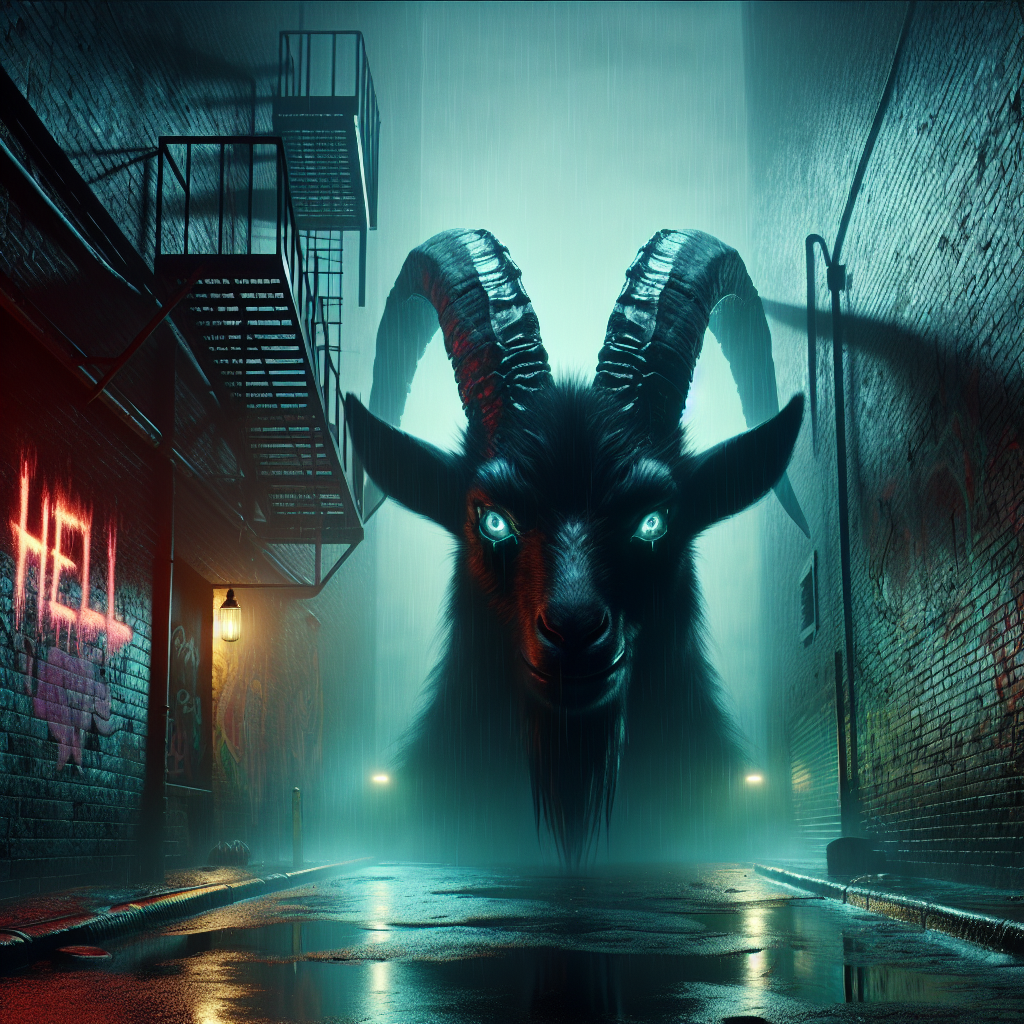 1. A black goat with backward-curving horns and a menacing glint stands in a grimy, rain-slicked alley, under a flickering lightbulb. The word "Hell" spray-painted on brick stairs.