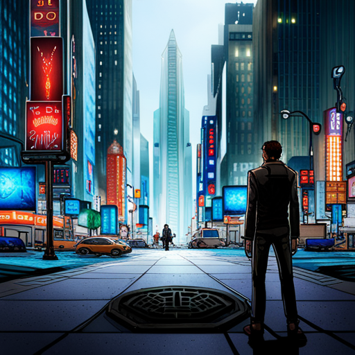 Wrewdison spots a recently disturbed manhole cover in the Corpo District, surrounded by skyscrapers and a FRED-209 security bot. A holo billboard shines in the background.
