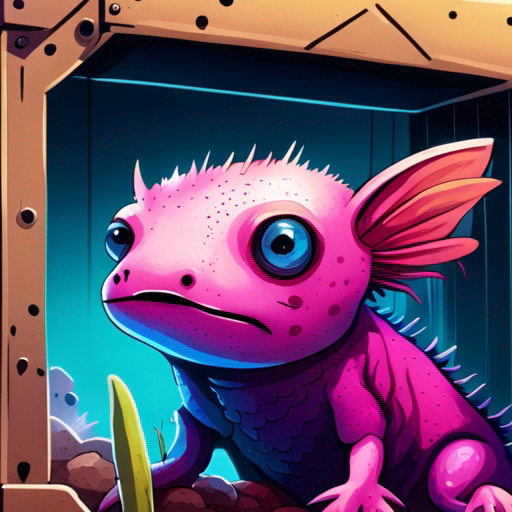 A colorful axolotl with big eyes looks up from inside a crate in the Desert Cave System.