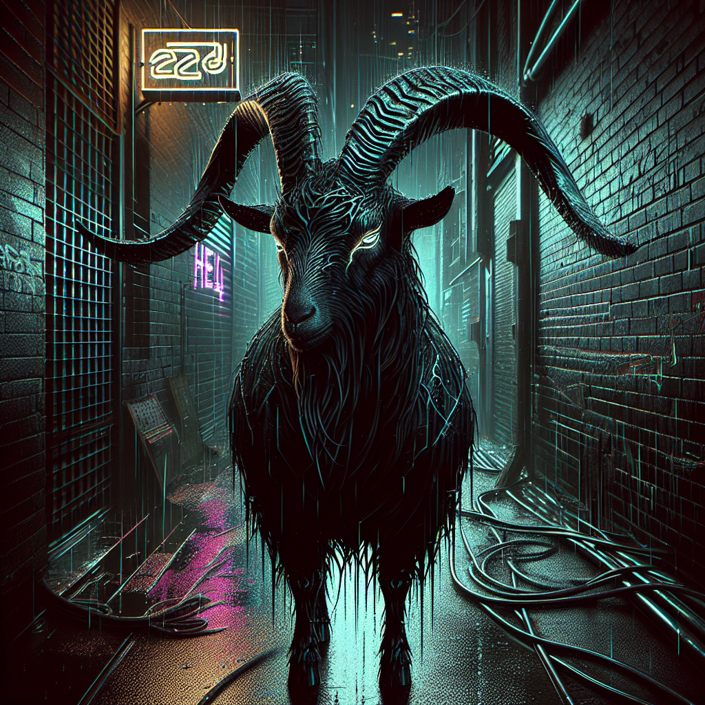 A black goat, horns curved, stands in a grimy, rain-soaked alley, its fur slick and wet. The dim light casts shadows on wet bricks, illuminating "Hell" graffiti. The goat's eyes hold a dulled glint.