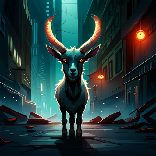 A black goat with curved horns and a strange glint in its eye bleats loudly at Zeb in a grimey alley lit by a flickering lightbulb. 
