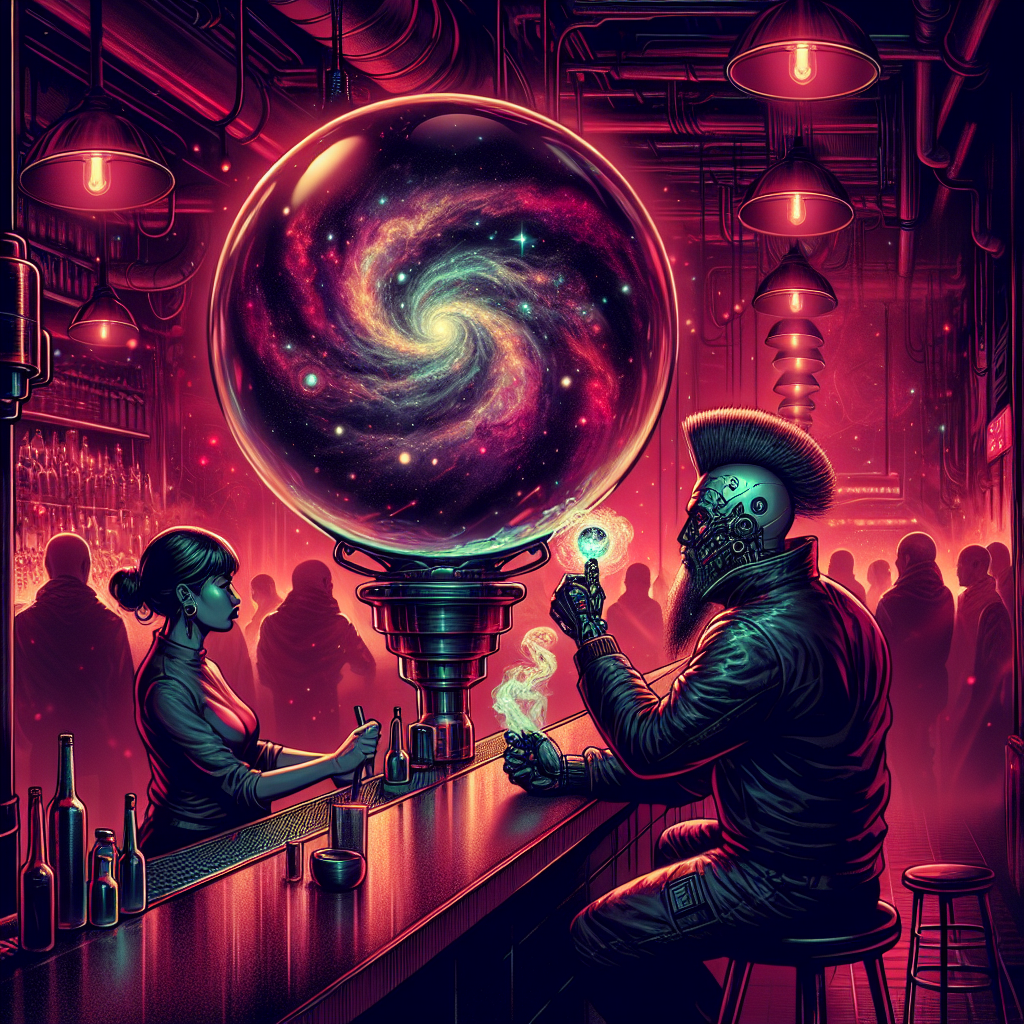 1. A glass orb reveals a nebula, stars forming a cheese wheel amid smoky swirls. Dim red lights bathe the bar, a bartender and a mohawked man in black observe quietly.