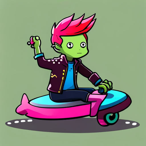 Basic Elf sees Axl Axolotl, a humanoid axolotl creature with vibrant pink hair and bright green skin. Axl is wearing a stylish leather jacket adorned with patches and pins, and their face is adorned with piercings and a mischievous smile. They are sitting on a sleek hoverboard, their gills emitting a soft, glowing bubble-like light. Axl exudes a cool and confident aura, capturing Basic Elf's attention and sparking a sense of curiosity and admiration.