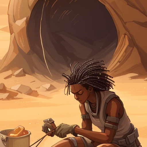 A creamy caramel covered human crouches in the sandy desert, carefully crafting a snare with a portable object forge. The wind whips through their hair as they work, their focused gaze fixed on the task at hand. In the background, a rocky formation provides the only shelter from the scorching sun. A shock worm slithers nearby, oblivious to the impending danger. A herd of pronghorns grazes in the distance, while a buzzard circles overhead. The desert stretches out endlessly, its golden sands blending seamlessly with the clear blue sky.