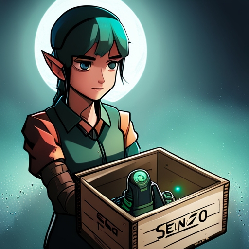 Basic Elf inspects the old, dusty crate with a worn Senzo Technologies logo. It appears to be locked and holding something valuable.
