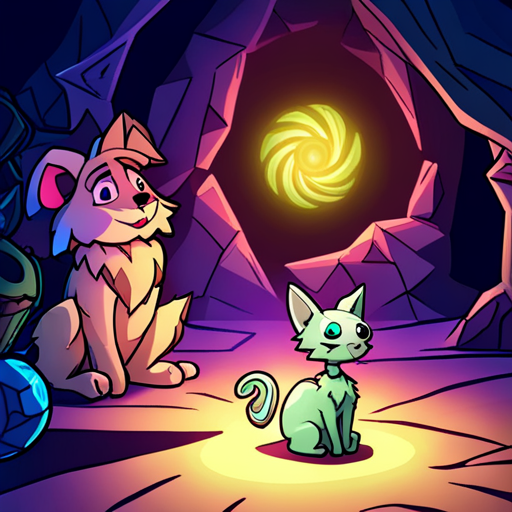 In the dimly lit cave, Mr. Whiskers stands before a kaleidoscope-like device. He hesitates before twisting the central dial, unleashing a low hum that grows louder. A sense of dread creeps up within him as he worries about the device's purpose. Nearby, a frilly-gilled cave axolotyl emits a faint green glow. Thraeryn, the incredibly red Villain of Hackers.Town, and Zeb, a bearded man with a spikey mohawk, watch on as Mr. Whiskers wonders if he has put their lives in danger.