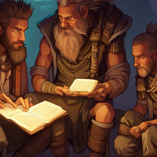 In the photo, Zeb, Wrewdison, and Pangolin are huddled together in the dimly lit Desert Cave System. They are surrounded by ancient texts and artifacts, their faces illuminated by the soft glow of a lantern. Zeb, with his bearded face and mohawk, holds a usb drive, while Wrewdison, a tall man with messy hair, listens intently. Pangolin, covered in armor-like scales, uses his long, sticky tongue to examine a crate nearby. The air is still, and the only sound is the faint echo of their voices bouncing off the cave walls. The scene is filled with anticipation and the promise of discovery.