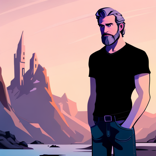 Zeb sees a flickering hologram of Ben Brown, an internet pioneer from the 21st century. Ben has a graying beard, a nose ring, and black fingernails. He is wearing a black t-shirt and jeans. The hologram stands in front of Zeb in the Loading Screen, an endless white expanse. Zeb, a bearded man with a spikey mohawk, looks pleased to see Ben.