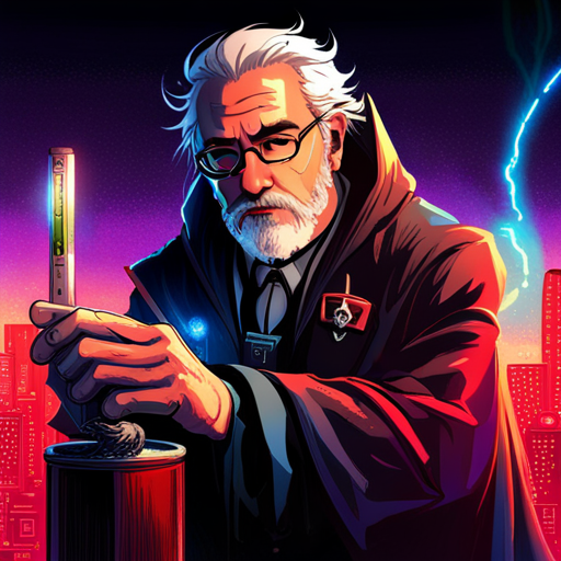 Lazarus studies the datapad intently, displaying a list of encrypted codes and addresses for high-security locations. His white hair and beard contrast against his tattered black cloak. The dim red lights of The Chatsubo illuminate the scene, while Ratz, the bartender with a robotic arm, serves drinks to other patrons. Loud electronic music plays in the background. 
