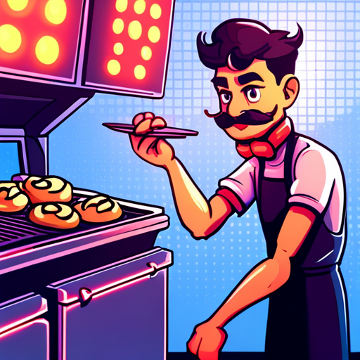 A man with a mustache stands next to a small food cart, flipping falafel patties on a hot griddle. He wears an apron smeared with sauces and greets Waffles warmly, ready to take his order.