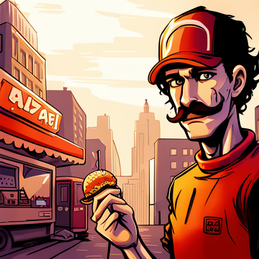 Falafel guy, a mustached man from Israel, stands by his food cart serving Lazarus a crispy falafel sandwich with extra hot sauce. 
