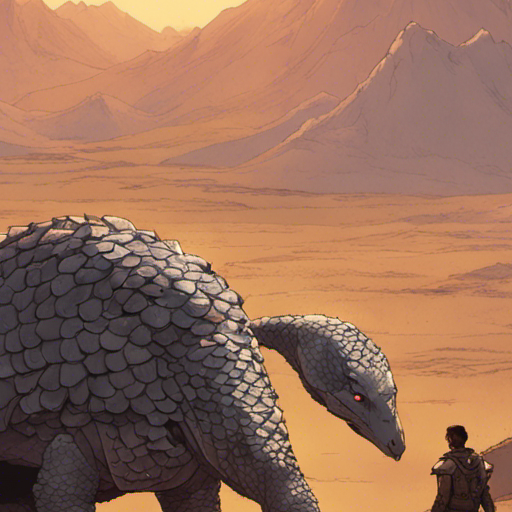 Thraeryn looks at Pangolin, a human-sized mutant covered in armor-like scales. Pangolin nods and gestures towards the east, his long nose pointing the way. The dusty wasteland crossroads stretch out behind them, with jagged mountain ranges in the distance. The sun casts a warm glow on the scene, highlighting the tough grasses and small cacti that dot the landscape. Thraeryn's gaze is fixed on Pangolin, his expression determined as he listens to the mutant's instructions.