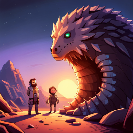 A human-sized Pangolin mutant and a bearded man with a spikey mohawk stand near a crate and a cave axolotl in the Desert Cave System.
