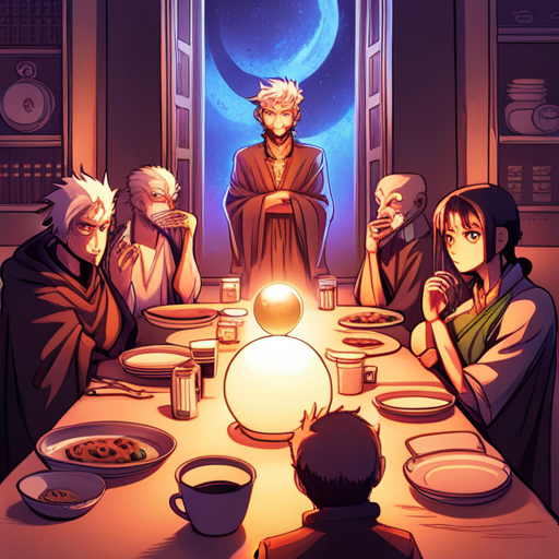 B1zz0 sees a group of mysterious figures in dark robes, gathered around a table. They have various animal features and wear masks. One holds a glowing orb. Falafel guy stands nearby, looking nervous. 
