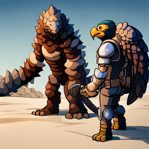 In the photo, a crusty buzzard stands before a human-sized Pangolin mutant, covered in armor-like scales. The buzzard caws fearfully, while Wrewdison, a tall fit man with a beard and slightly messy hair, stands nearby. The wind howls and sand whips around them, and a rocky formation provides the only shade.