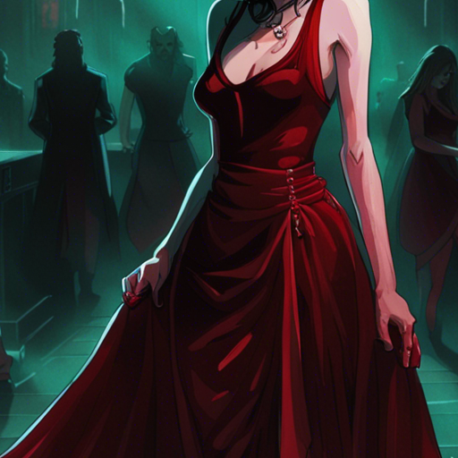 Anesthesia, a pale woman in a blood red velvet dress, gazes icy daggers at wrewdison in the dimly lit goth club. Her sinister smile reveals glistening fangs as she takes a step closer, her dress sweeping across the floor. The other vampires in the club pause, captivated by the confrontation between god and vampire. Anesthesia's challenge hangs in the air, inviting a response that may escalate the tension. In this eerie sanctuary of the night, the clash of powers is destined to unfold.