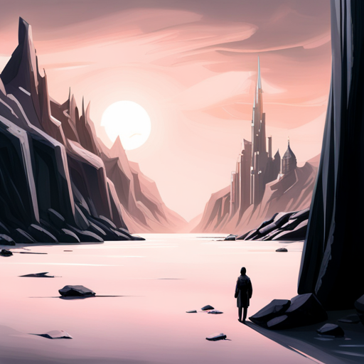 Lazarus sees a desolate, icy landscape with towering mountains and a glowing structure in the distance. The air is frigid and barren, with no signs of life. 
