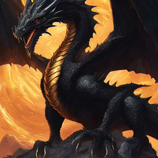 A large black dragon, wings folded back, sits on a pile of titanium databricks in a volcanic crater. Its golden eye widens in surprise as magical energy swirls around Thraeryn, who stands in front of a swirling pocket dimension. The dragon chuckles, impressed by Thraeryn's magic.