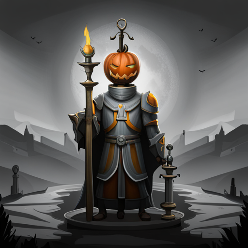 A knight with a jackolantern head inspects a claymore, shield, and healing potion on a large candelabra in the Loading Screen. 
