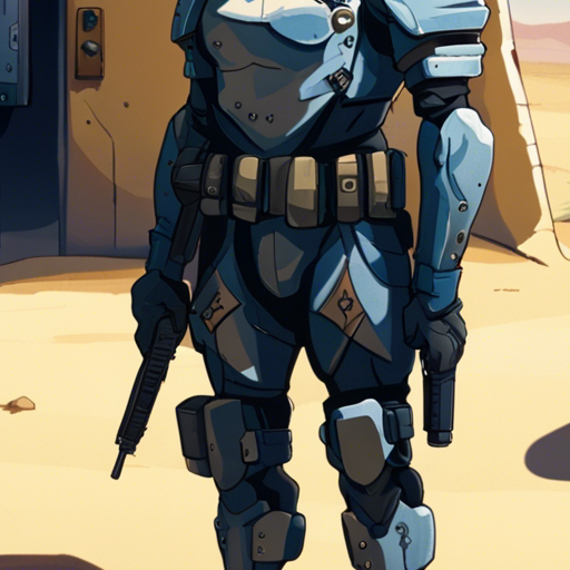 The guard, an armored corpo guard with a cautious expression, stands in front of the corpo security hut. The desert road stretches behind him, eroded into deep trenches. It is a sunny day with clear blue skies.