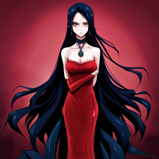 A strangely pale woman with long black hair and piercing blue eyes stands in a blood red velvet dress. She narrows her eyes at Zeb, her face showing a flicker of annoyance.