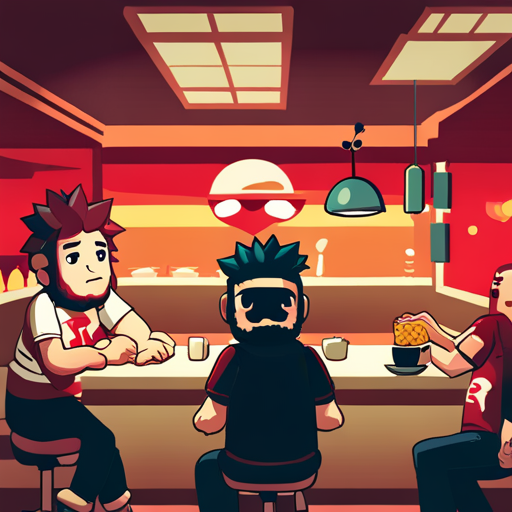 Potato looks up at Kappa, disappointed but understanding. Kappa, a large turtle with a bowl on his head, stands behind the counter of the tiny Ramen Heaven restaurant. Zeb, a bearded man with a spikey mohawk, sits at the bar. The red and white mural of the sunrise on the wall adds to the cozy atmosphere.
