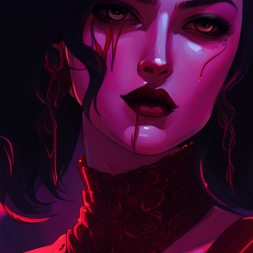 A pale woman in a crimson dress gazes intensely, her fangs grazing her lip. She warns of her allure, her desires not to be taken lightly. With a flicker of her dress, she turns away, leaving a sense of fascination and danger. The dimly lit goth club serves as the backdrop, with a crowded dance floor and a bar lining the far wall.