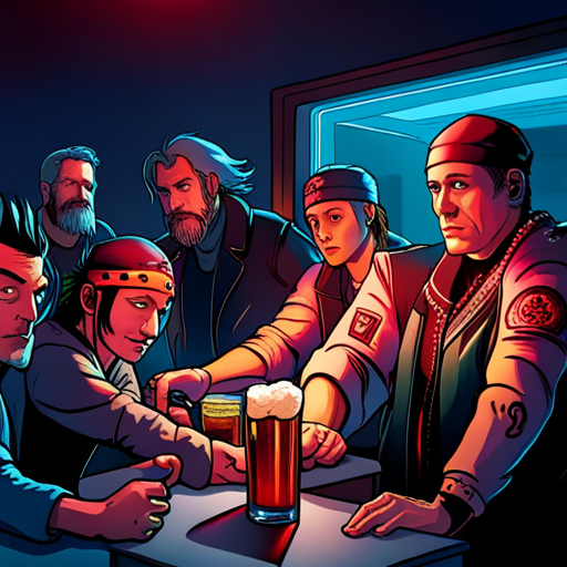 Zeb sees a group of bikers at the bar, illuminated by dim red lights. They have various tattoos and piercings, and are wearing leather jackets and bandanas. He buys them cheap beers hoping to defuse the situation. The electrician is fixing the espresso machine in the background. Ratz, the bartender, looks on with a raised eyebrow. The bikers nod in thanks but still seem agitated.
