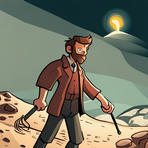 Wrewdison, a tall, fit man with a beard and slightly messy hair, searches the underground facility for clues. He finds journals on rare minerals but no information on activating the generator. Frustrated, he hears a hum and rushes back to the generator. Lights flash and the engine roars to life. Another group has arrived. The wind howls and sand whips through the air, with a rocky formation providing the only shade.