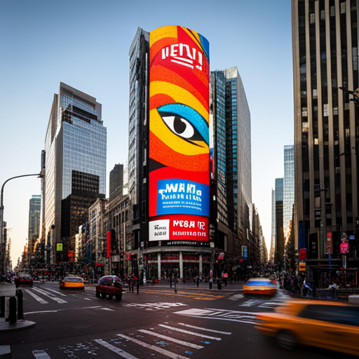 Wrewdison sees a holographic billboard displaying a never-ending stream of eye-catching advertisements. The personalized ad shows a data augmentation device promising to increase intelligence by 50%. FRED-209, a cylindrical security bot with 4 rubber wheels, patrols the area. The mid-day sun reflects off the skyscrapers covered in corporate logos surrounding the central square.