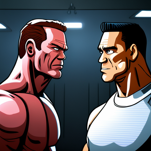 Arnold stares at his reflection, seeing John Cena's likeness in his muscular frame and chiseled jaw. He flexes and chuckles at the absurdity of it all.
