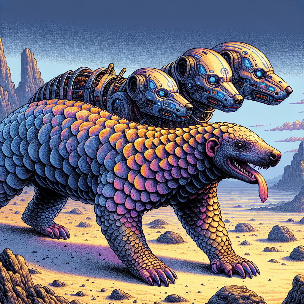 A human-sized, scaly Pangolin stands tense, its long nose and sticky tongue visible, clutching strange berries. A three-headed cybernetic dog approaches. Rocky desert and whipping sand surround them.