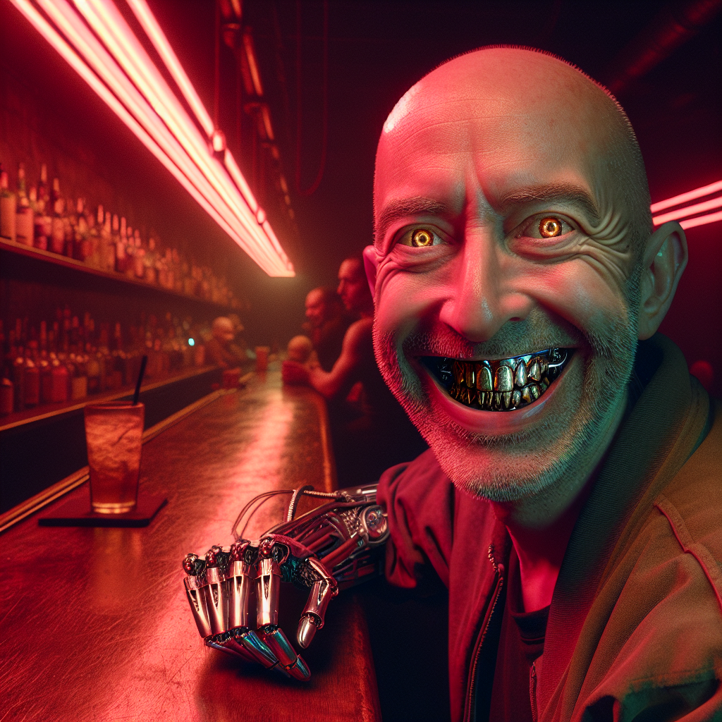 1. A bald man with squinty brown eyes and a robotic arm stands behind a dimly lit bar, his decayed teeth and steel dental prosthetics visible in a rare smile. The bar's red lights cast a seedy glow on the sparse patrons and the long wooden counter.