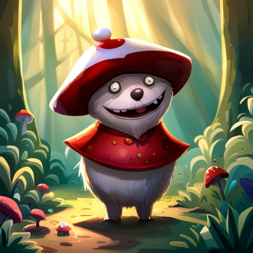 Truffle takes the small paper boat from Zeb, his eyes lighting up with delight. The mushroom person's cap is a vibrant shade of red with white spots, while its stalk and limbs are a pale shade of brown. Its small round face is adorned with a toothless grin and large black eyes. Truffle lets out a small muffled giggle as he chews on the falafel, looking content and thoroughly savoring each bite.