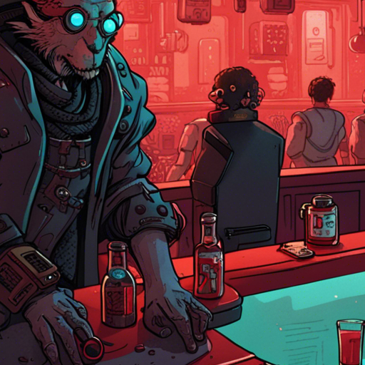 Thraeryn stands at the bar, looking at Ratz. Ratz, a gruff figure with a robotic arm, squints back at Thraeryn. The dim red lights of The Chatsubo illuminate the small bar, which is mostly empty. A drunk man sleeps in a pool of drool nearby. Thraeryn is a red absence in the scene.