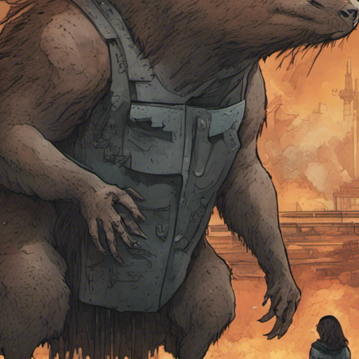 Thraeryn sees a towering kaiju, a mutated capybara, now human-sized. The kaiju's eyes hold a mix of deep sadness and glimmer of hope. It stands there, fragile and lost, receptive to Thraeryn's words. In the background, burning docks and a collapsed building add to the chaos and destruction.