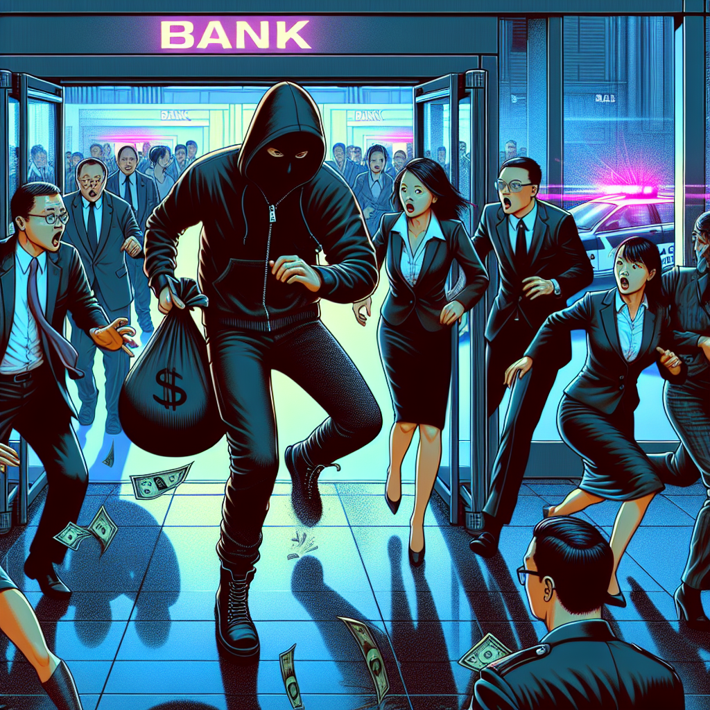 1. A figure in black flees from a bank's entrance, clutching a stuffed bag, amidst startled pedestrians and rushing security guards. Sirens echo as police cars near.