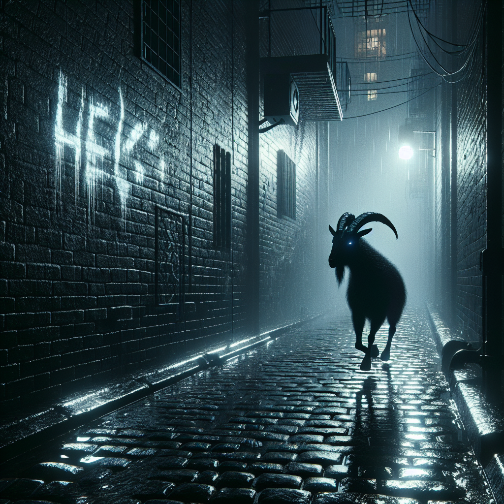 1. A black goat paces restlessly on slick cobblestones, its hooves echoing in the misty alley. Flickering lightbulb illuminates wet bricks and "Hell" graffiti. Thunder rumbles in the distance.