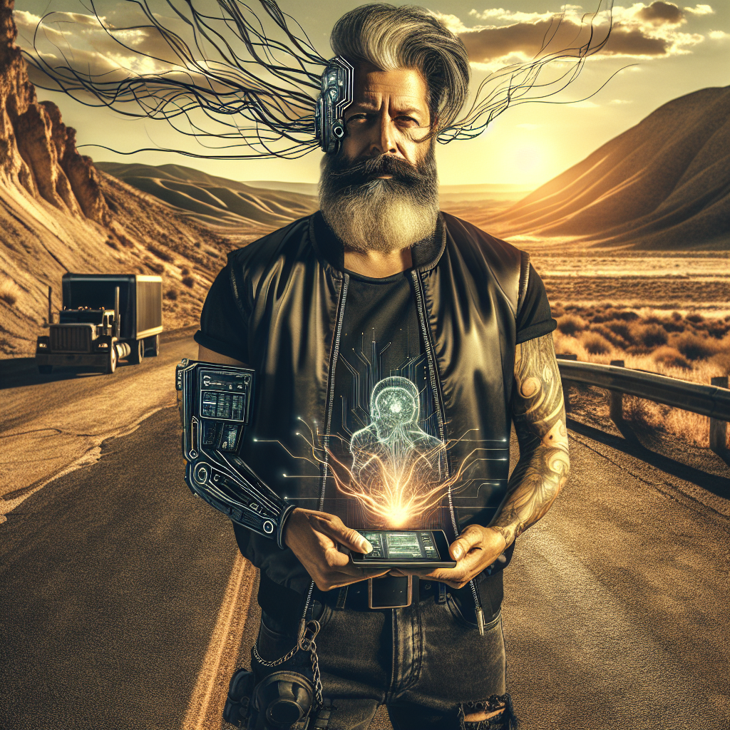 1. A middle-aged goth with a beard, dressed in a black t-shirt, black jeans, and a sleeveless bomber jacket, stands on a desolate road, holding a small datapad. Cybernetic tendrils extend from his head, interfacing with the device. The screen glows with unlocked data. In the background, the sun sets over a rugged desert landscape, casting long shadows across the eroded road.